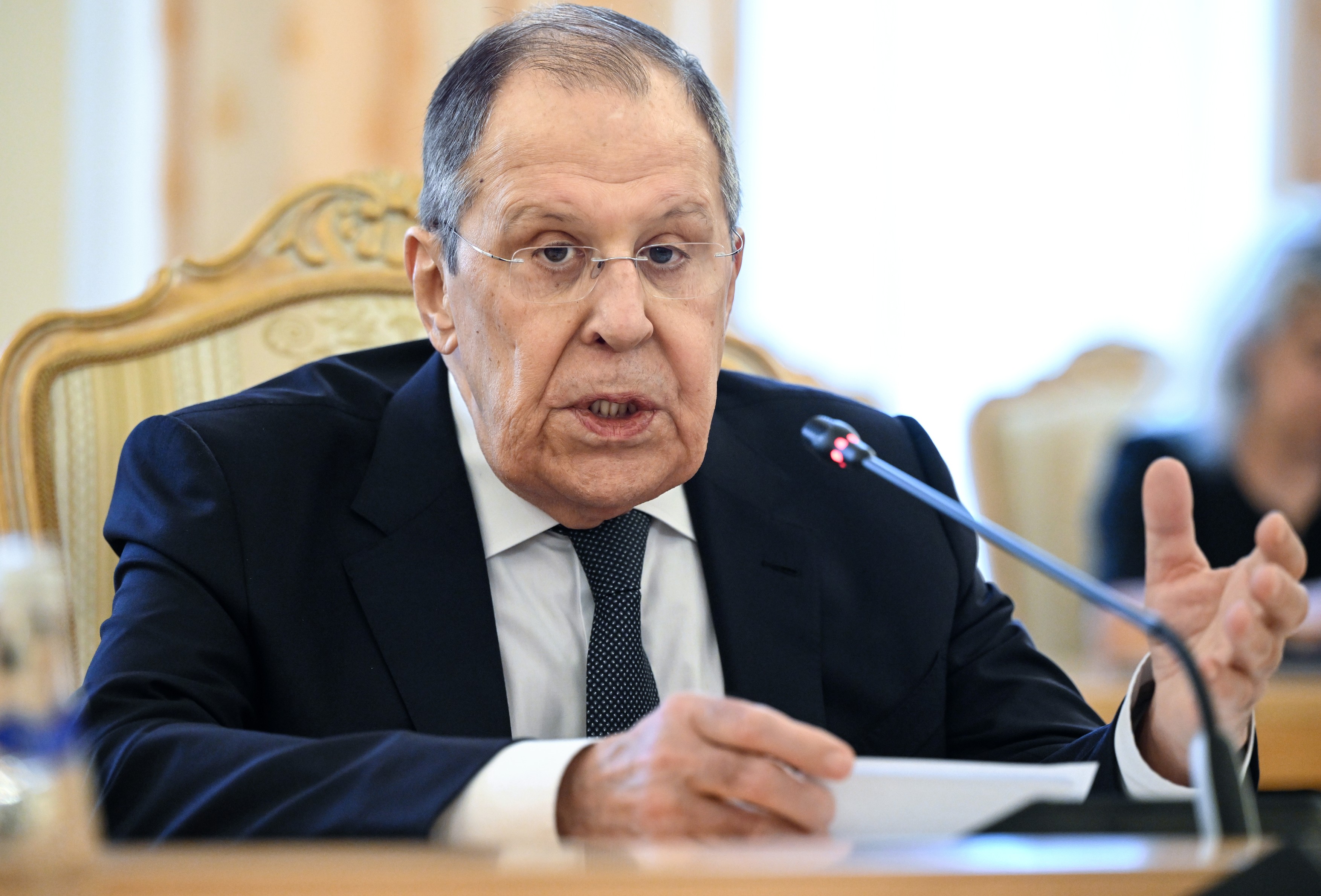 Talks between Russian Foreign Minister Sergey Lavrov and Syrian Foreign Minister and Communities Abroad Minister Asaad al-Shibani at the Russian Foreign Ministry Reception House.