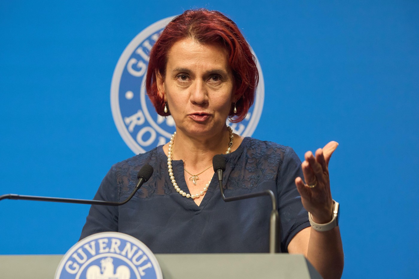 Bucharest, Romania. 22nd July, 2025: Spokesperson Ioana Ene Dogioiu speaks during a press conference on the reform of state-owned companies, at Victoria Palace, the Romanian Government Headquarters. Credit: Lucian Alecu/Alamy Live News