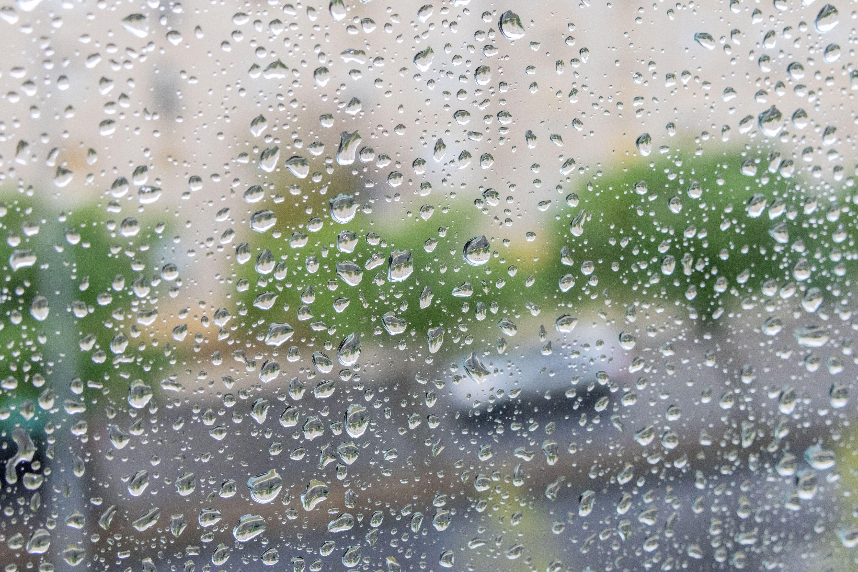 Raindrops clinging to window glass, blurring the distant urban street and green trees